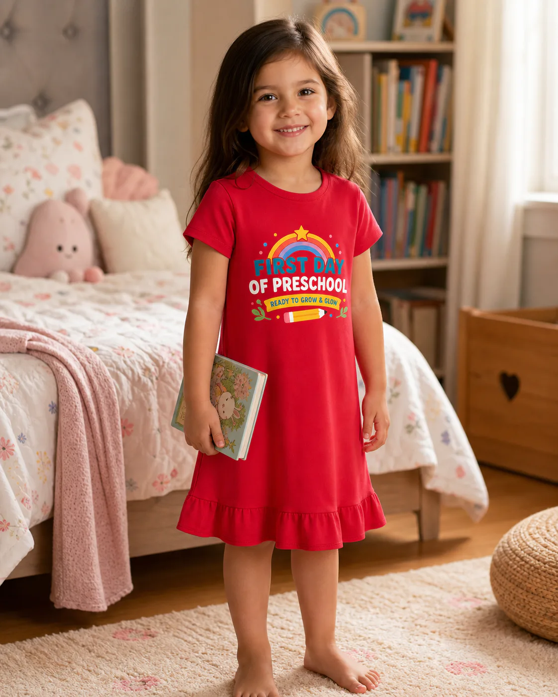 First Day of Preschool Girls Short-Sleeve Sleep Dress for Kids, white color